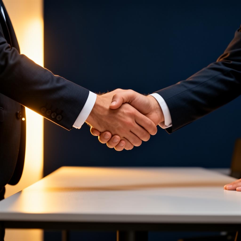 Handschlag zwischen Unternehmer und geprüftem Umsetzungspartner